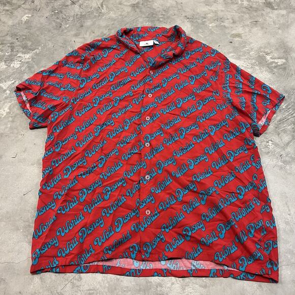 Vtg Disney Parks Walt Disney World Logo Mens XL Button Down Rayon Shirt Red Blue - Picture 1 of 6